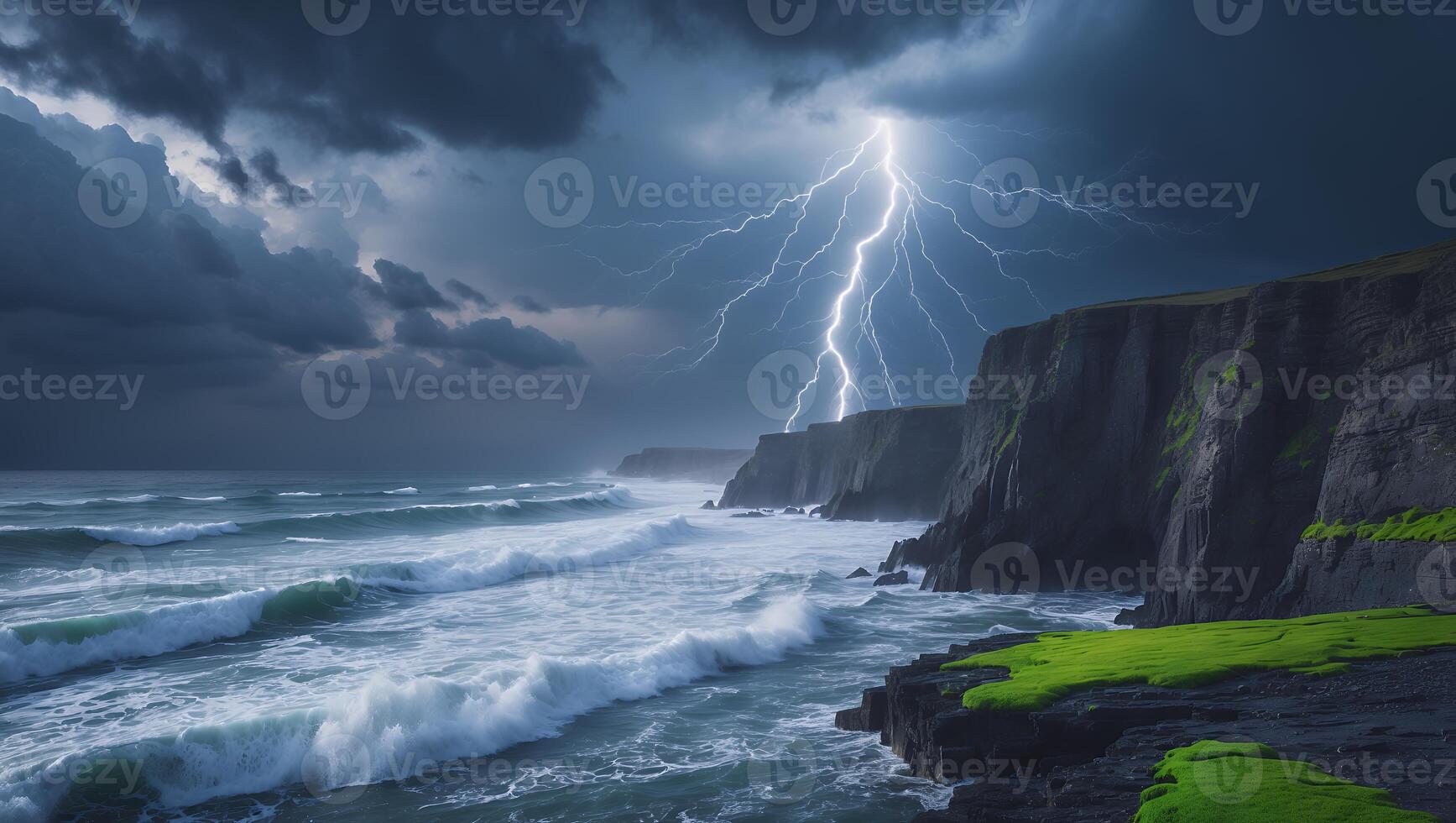 Dramatic lightning strikes over rugged cliffs and turbulent ocean waves under an ominous sky photo