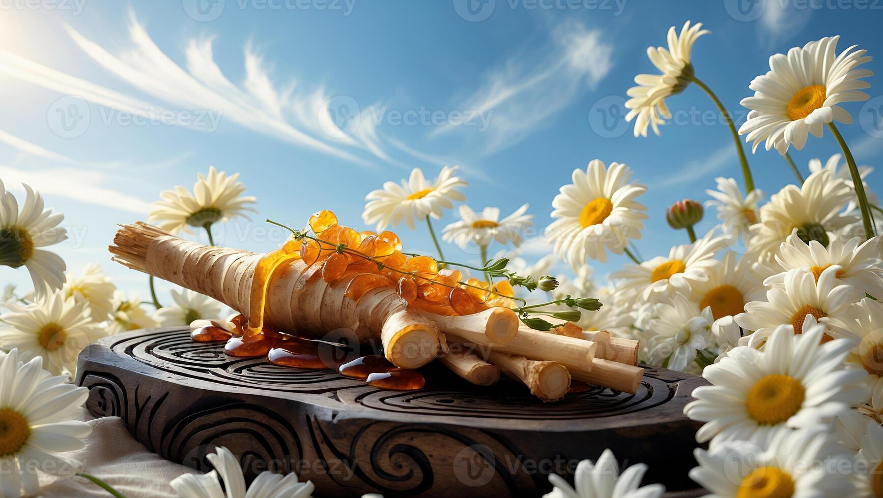 Honey drizzled over wooden sticks surrounded by daisies under a bright blue sky photo