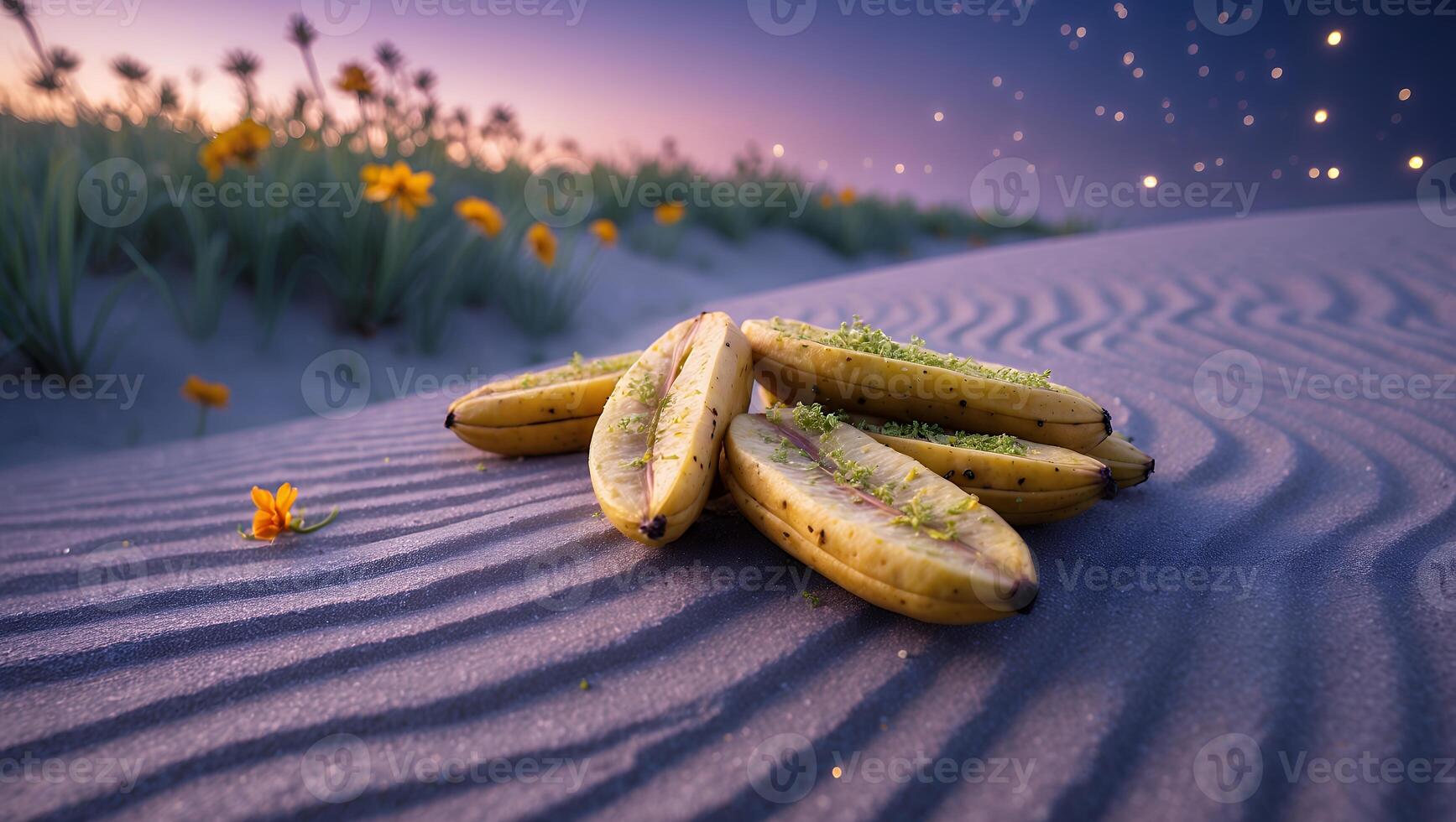 A serene scene of freshly harvested bananas arranged on soft sand, with flowers and a twilight sky photo