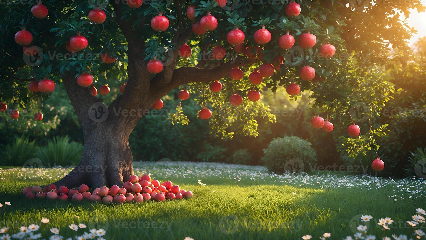Vibrant orange tree laden with ripe fruits in a sunny garden, surrounded by blooming flowers photo