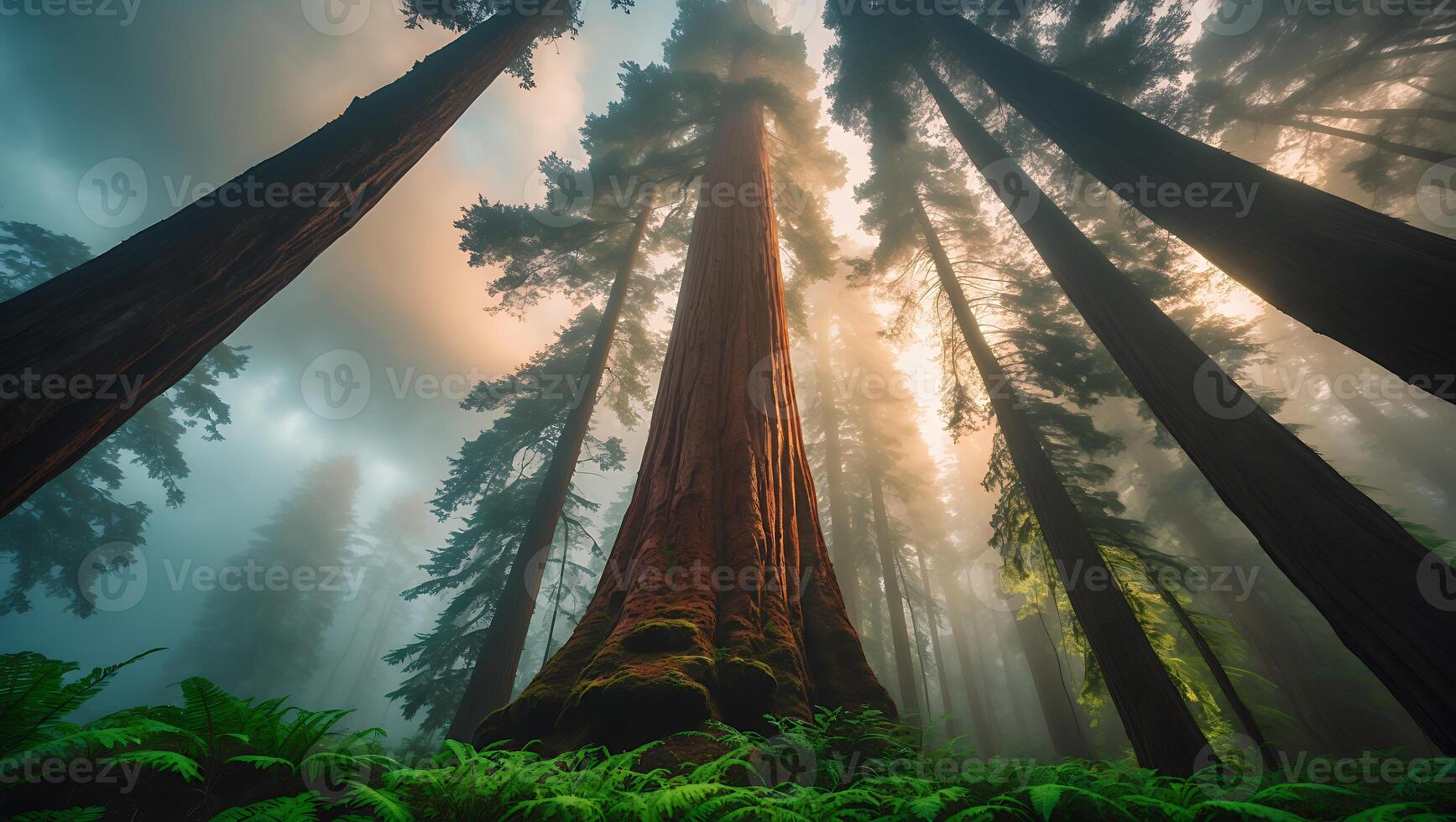 Majestic redwood trees tower over a misty forest floor, illuminated by soft morning light photo