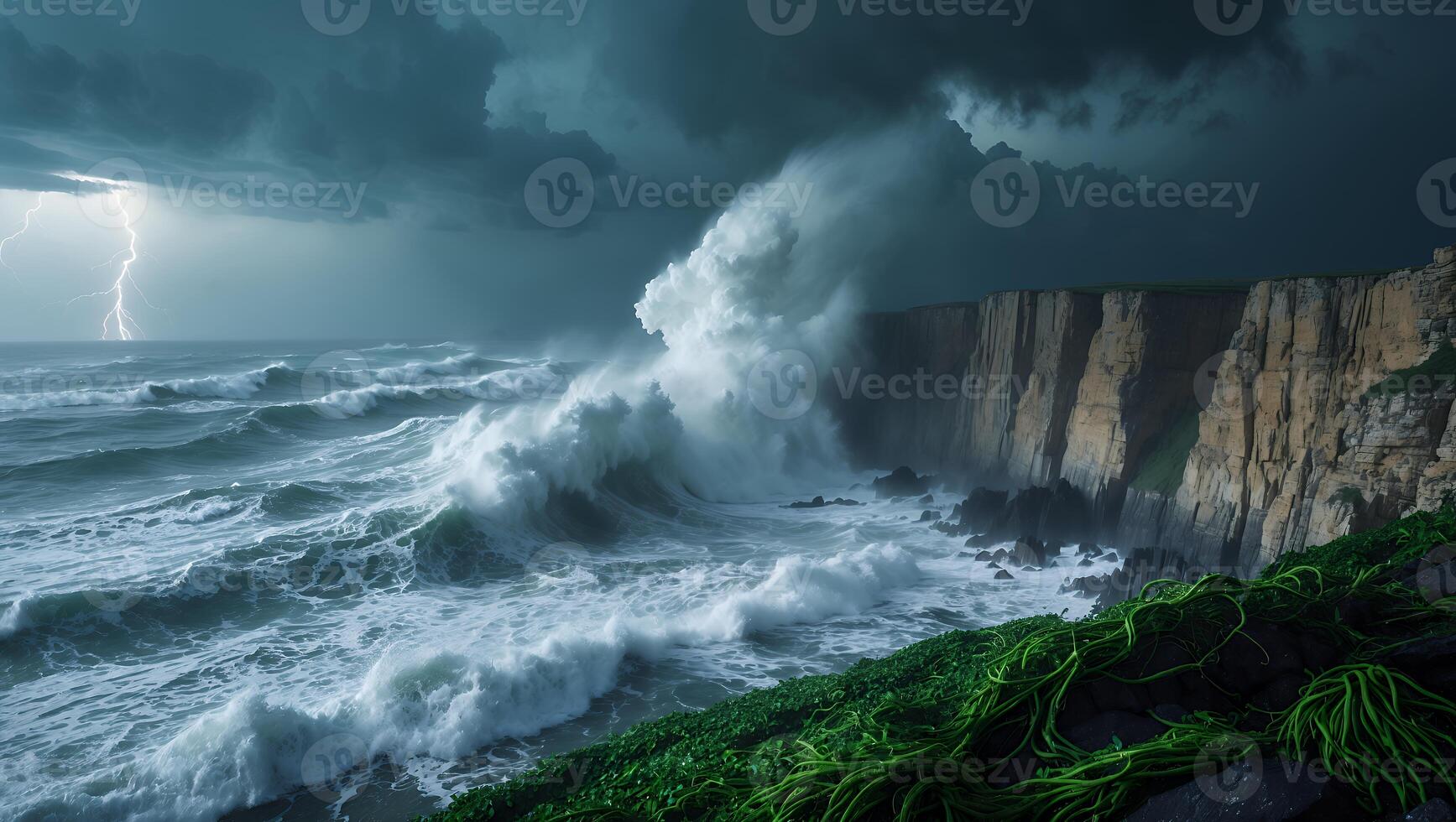 Dramatic stormy seascape with crashing waves against rugged cliffs under dark clouds and lightning photo