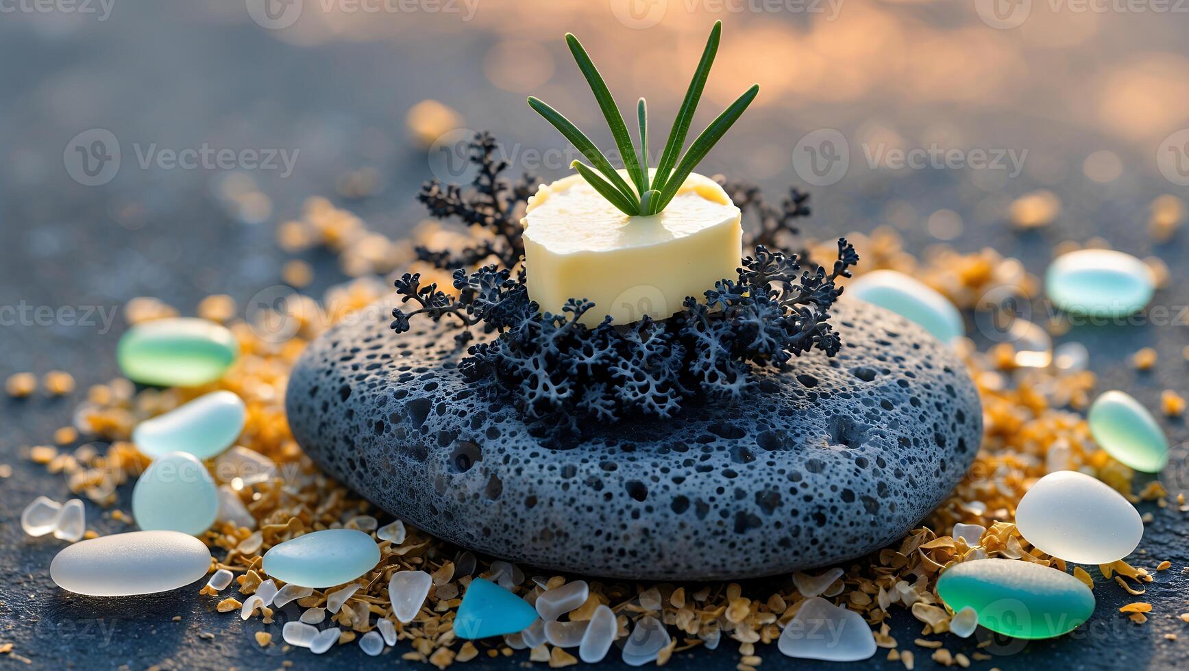 Elegant arrangement of butter on a textured stone, surrounded by colorful glass pebbles and natural elements, set against a soft-focus background photo