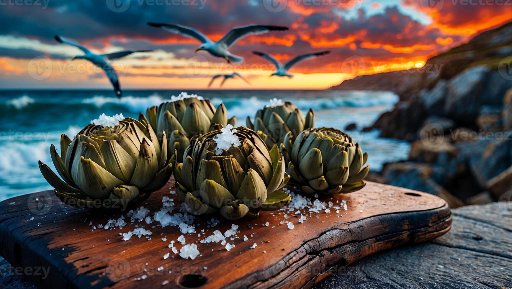 Fresh artichokes with sea salt on a wooden board by the ocean at sunset with seagulls flying photo