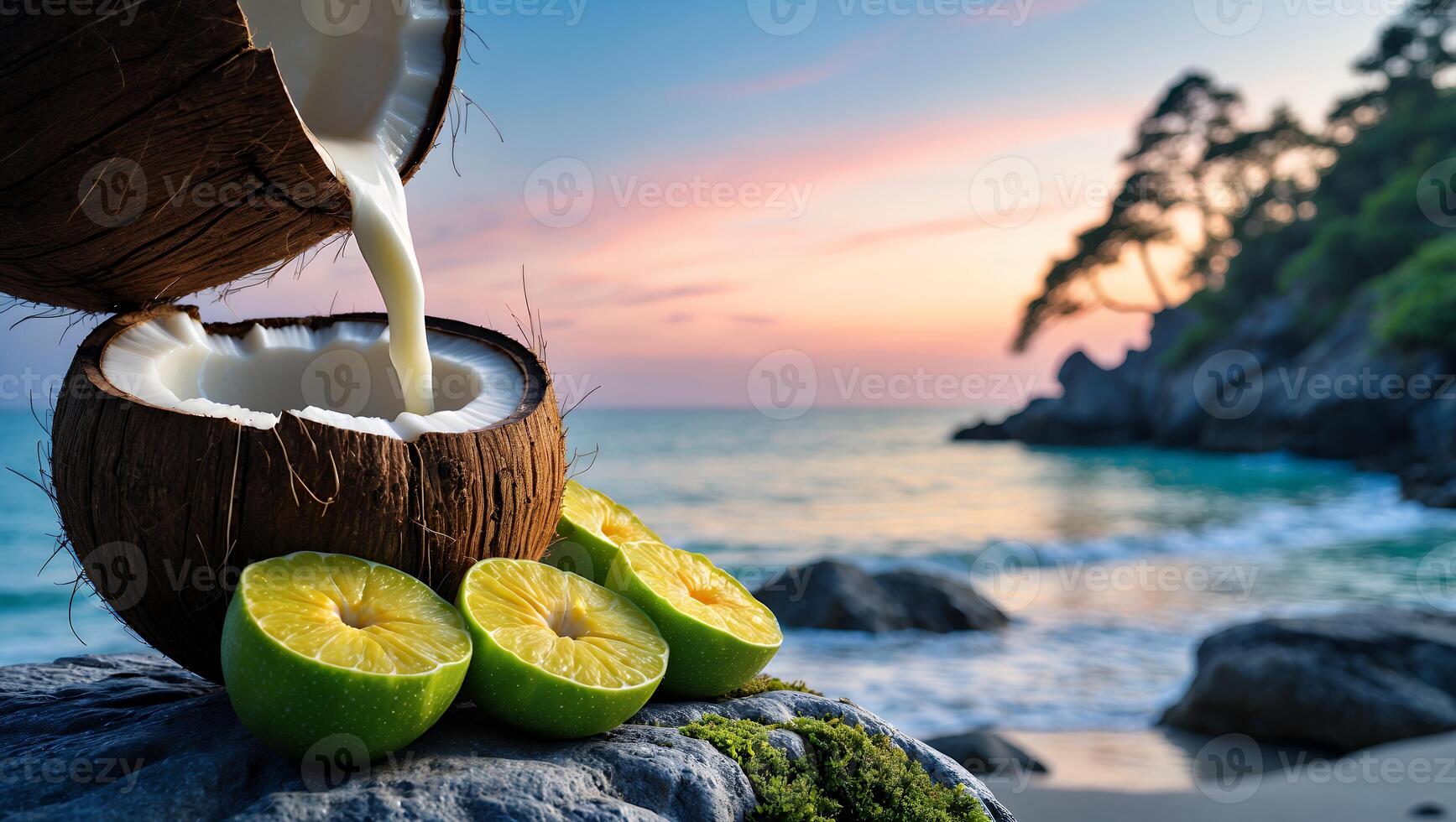 Fresh coconut and lime on a rocky beach at sunset, with waves gently lapping in the background photo