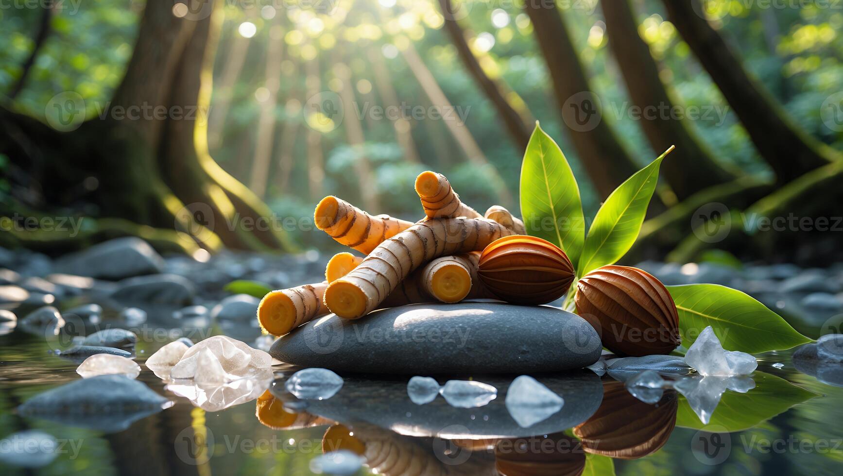 Tranquil forest scene featuring natural elements like stones, leaves, and decorative pieces by water photo