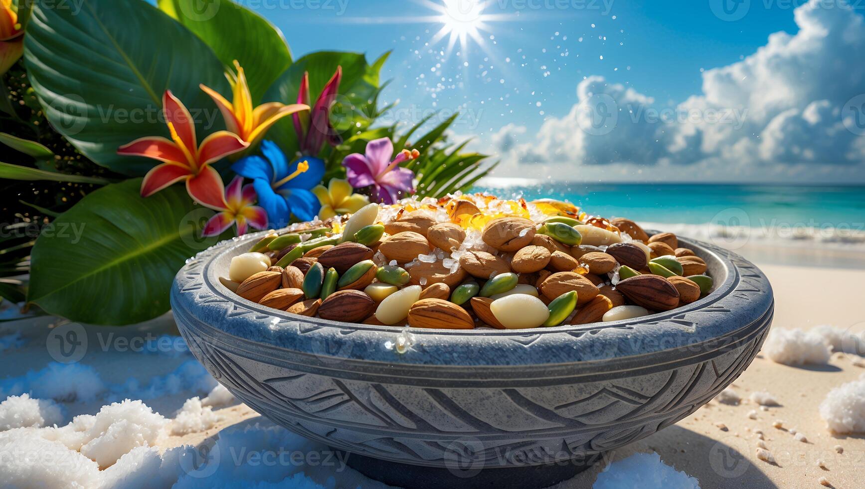 A vibrant bowl of mixed nuts and coconut sits on a sandy beach, with tropical flowers and ocean waves in the background photo