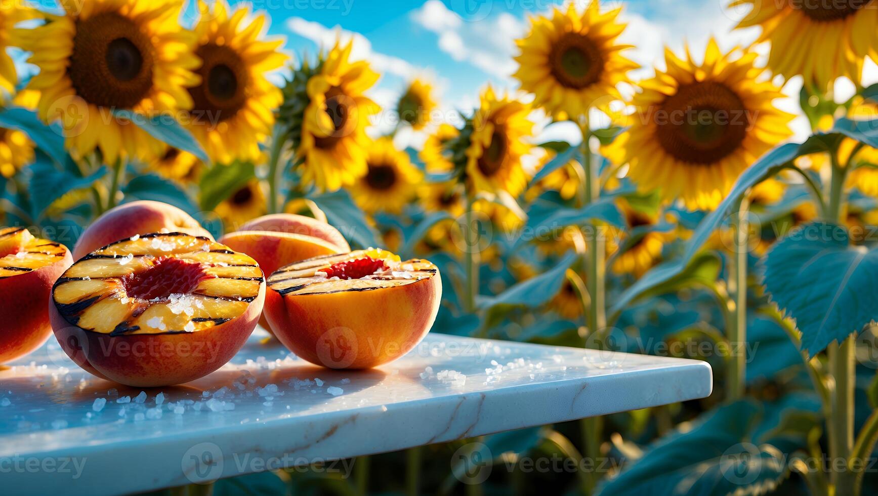 Grilled peaches garnished with raspberry on a marble table against a vibrant sunflower field backdrop photo