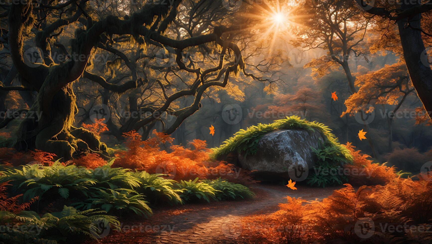 Serene autumn forest landscape with vibrant orange foliage, sunlit path leading to a mossy rock photo