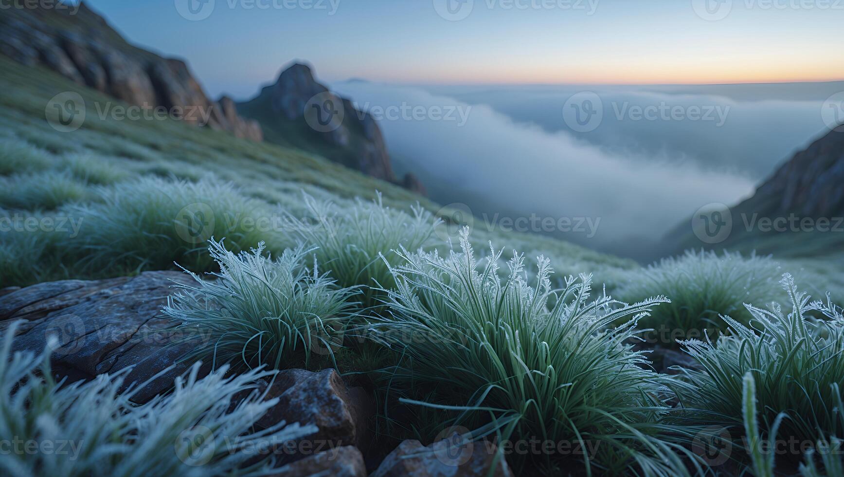 Frost-covered grass on a mountain slope at dawn, with mist rolling over distant peaks photo