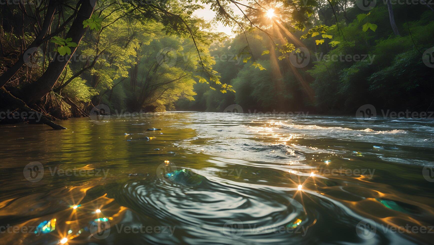 Serene river scene at sunrise with shimmering water and lush greenery reflecting sunlight photo