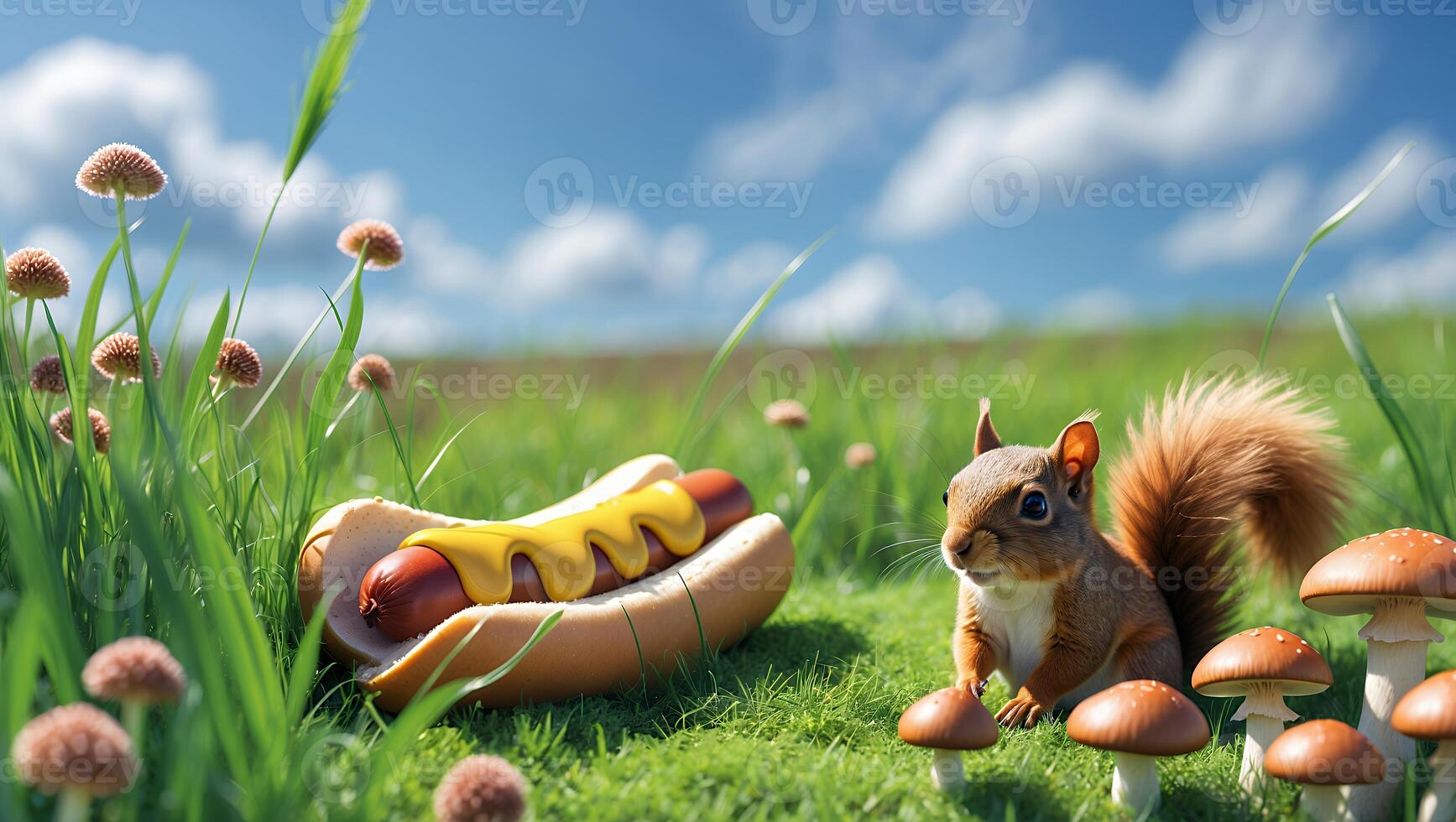Squirrel Curiously Approaches a Giant Hot Dog Surrounded by Mushrooms in a Lush Green Field photo