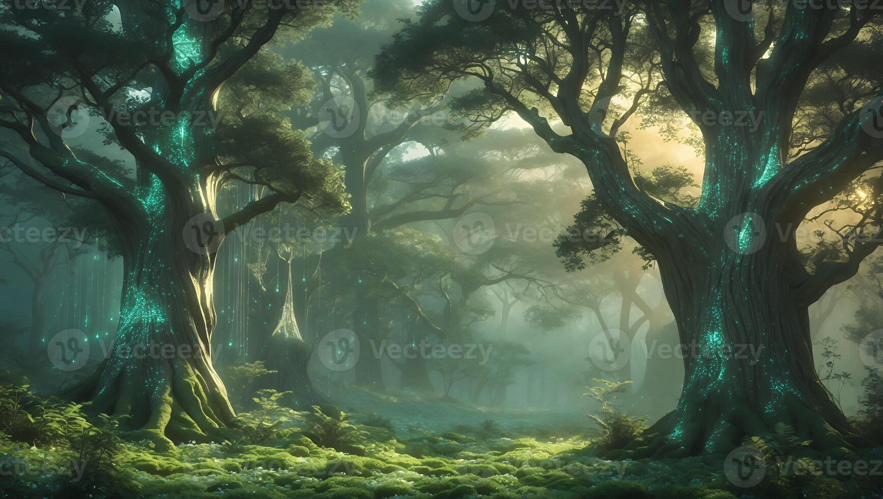 Enchanted forest with glowing trees and mist, creating a mystical atmosphere in a serene landscape photo