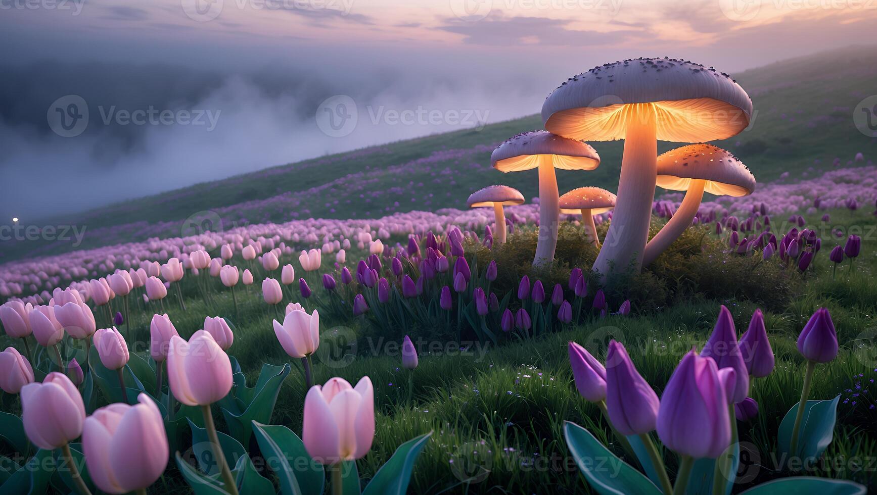 Enchanted landscape featuring glowing mushrooms amidst vibrant tulip fields at sunset photo