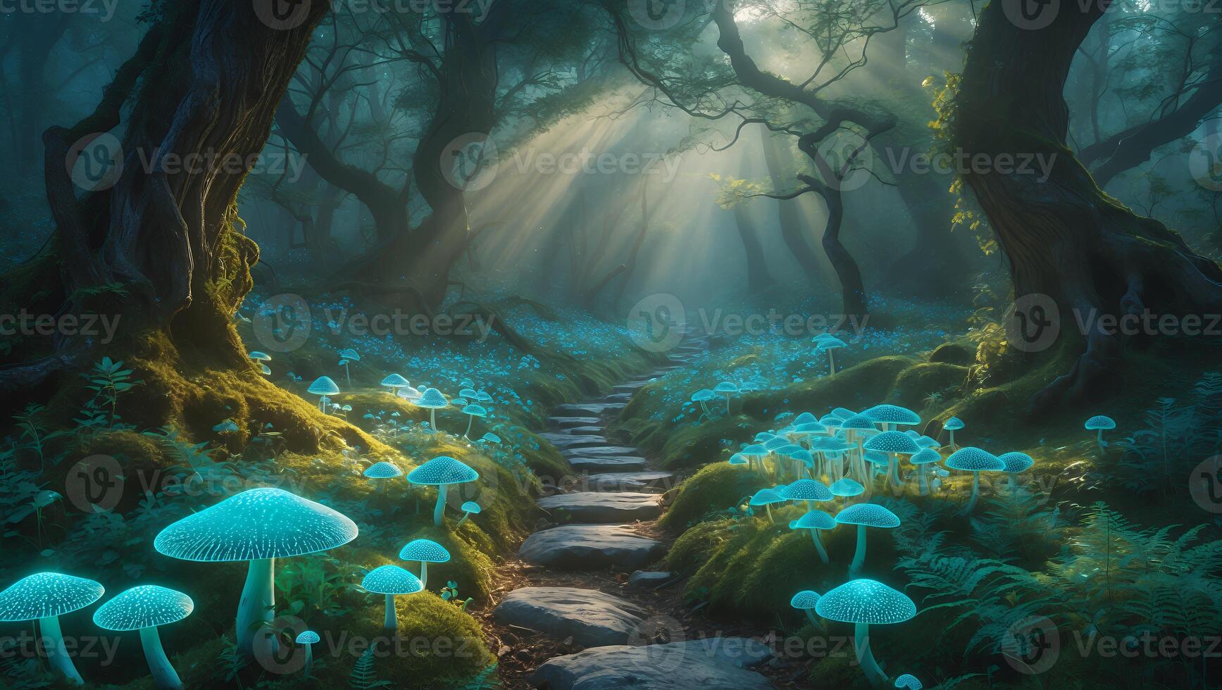 Enchanted forest path illuminated by soft light, featuring glowing mushrooms and lush greenery photo