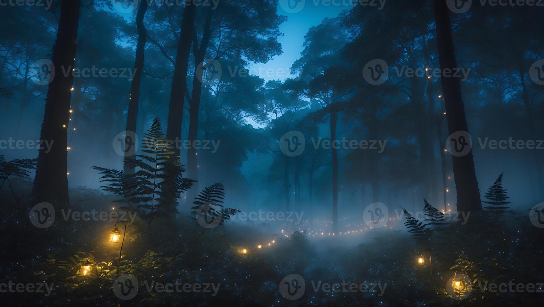 Enchanted forest at twilight with glowing lanterns illuminating a misty path through tall trees photo