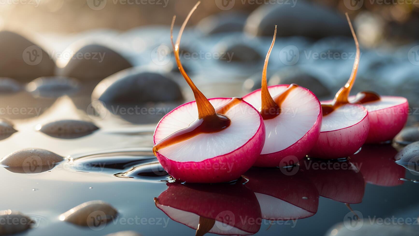 Sliced radishes with glossy surface resting on smooth pebbles by a tranquil water body at sunset photo