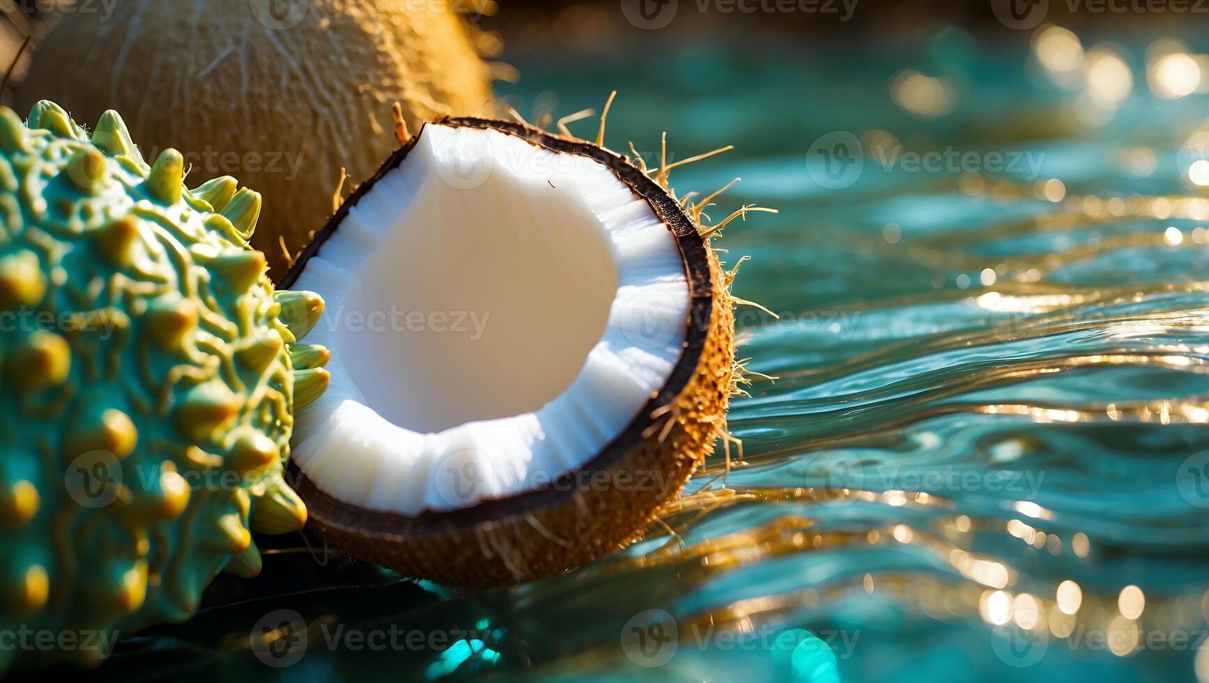 Close-up of a coconut shell with a vibrant background of rippling water, showcasing tropical elements photo