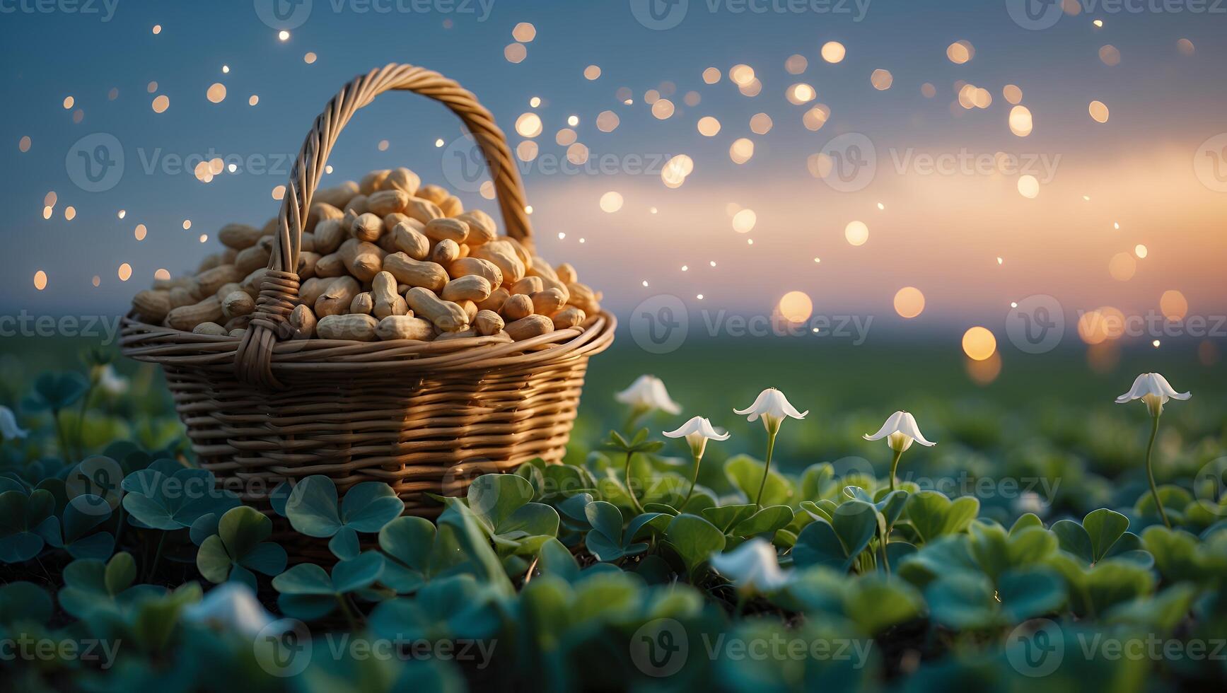A woven basket filled with freshly harvested peanuts resting among lush green clover under a sunset photo