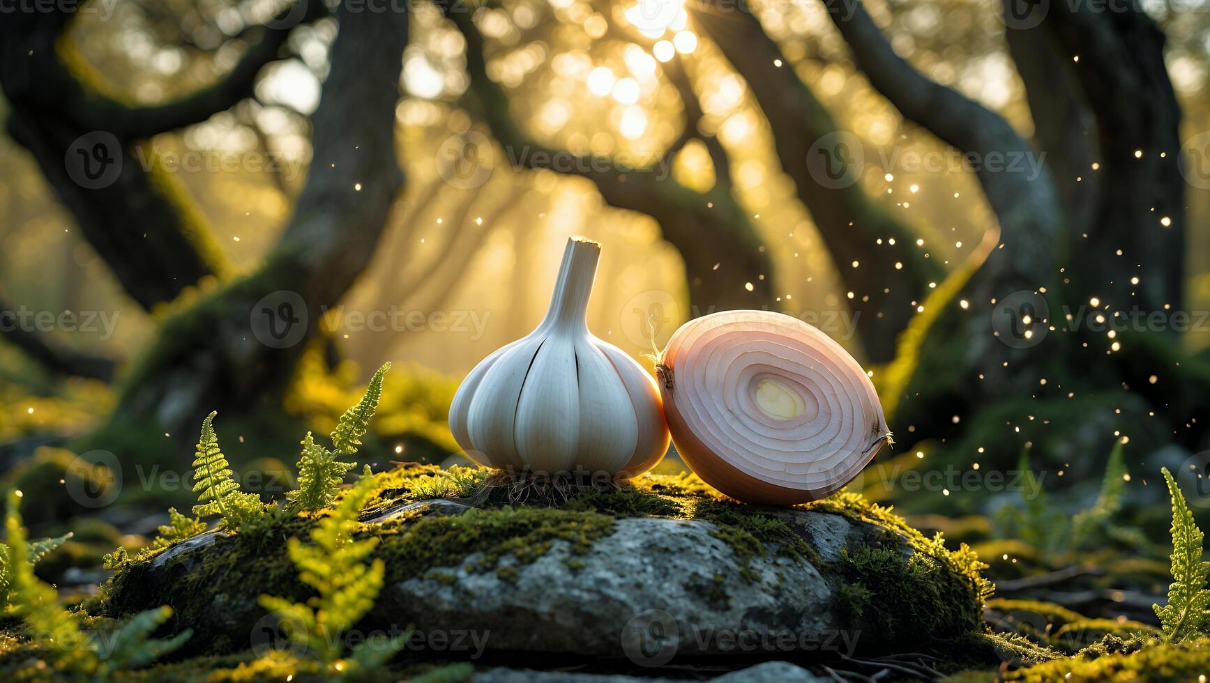 Fresh garlic and onion resting on a moss-covered rock in a sunlit forest, surrounded by ferns photo