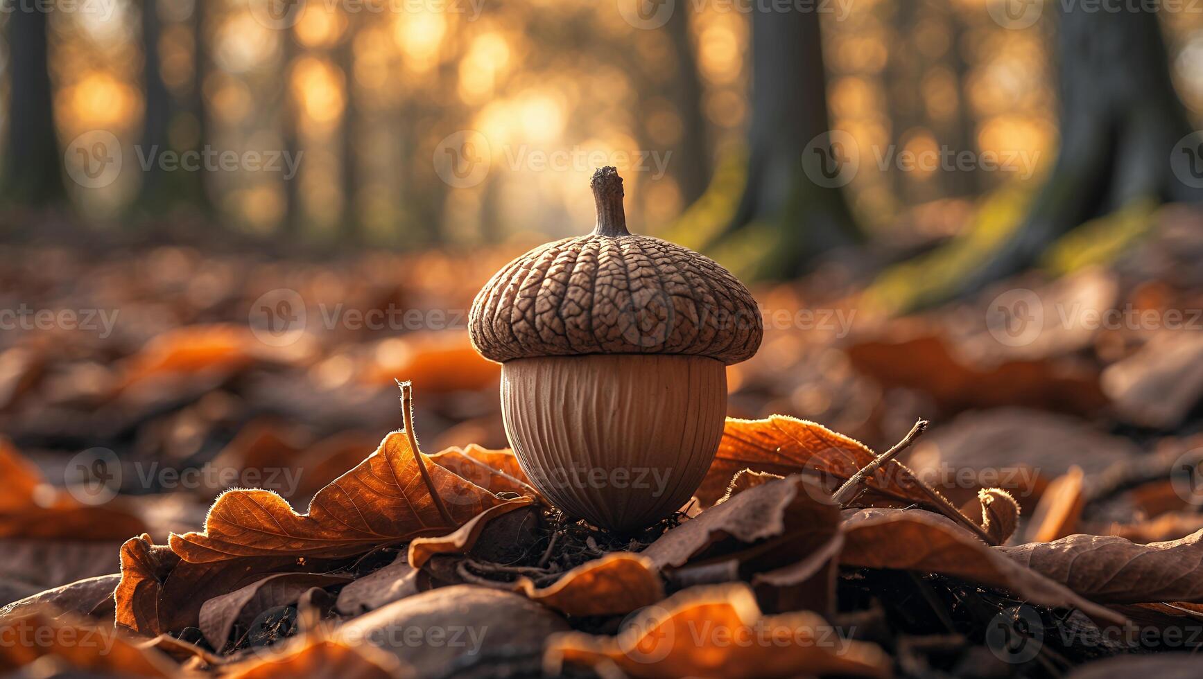 Acorn resting on a bed of autumn leaves in a serene forest, with soft sunlight filtering through trees photo