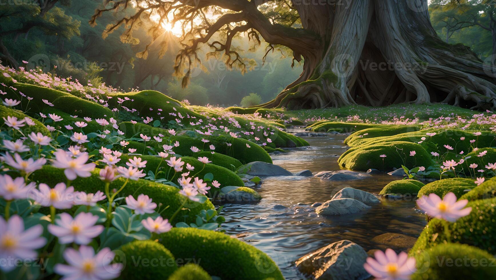 Serene landscape with a majestic tree surrounded by blooming flowers and a gentle stream at sunrise photo