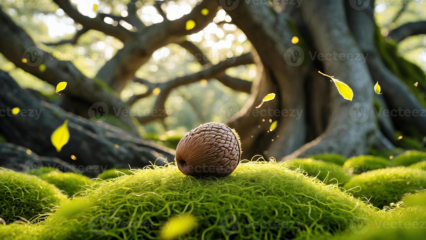 A serene forest scene featuring a single acorn resting on vibrant green moss under ancient trees photo
