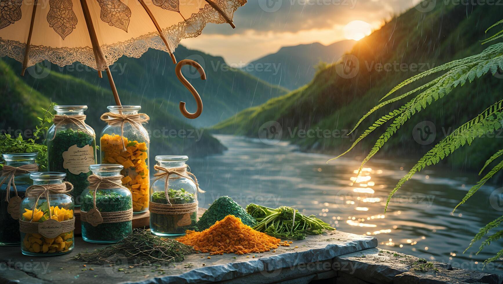 Tranquil riverside scene featuring colorful jars of spices under an umbrella amidst lush greenery photo