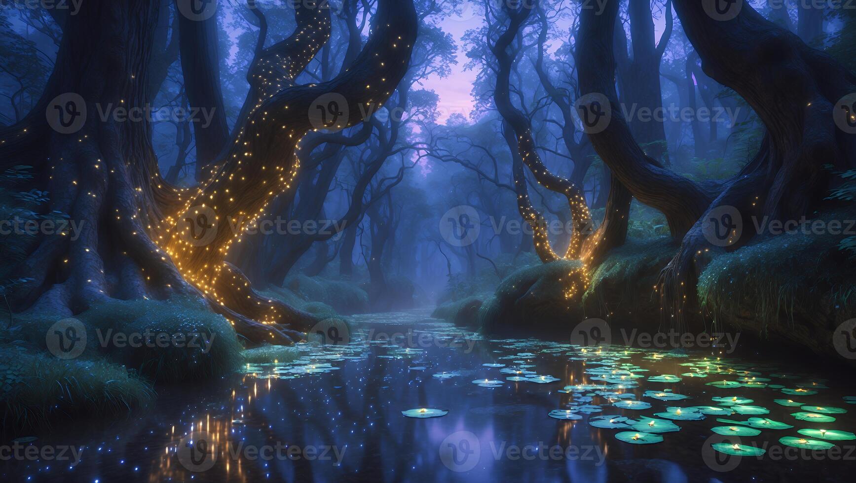Enchanted forest at twilight with glowing trees, serene water lilies, and mystical reflections photo