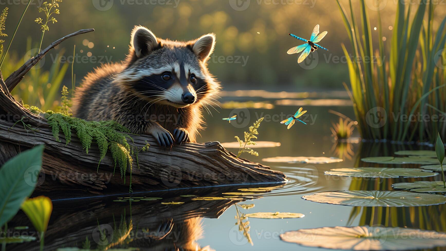 Raccoon resting on a log by a serene pond, surrounded by dragonflies and lush greenery at sunset photo