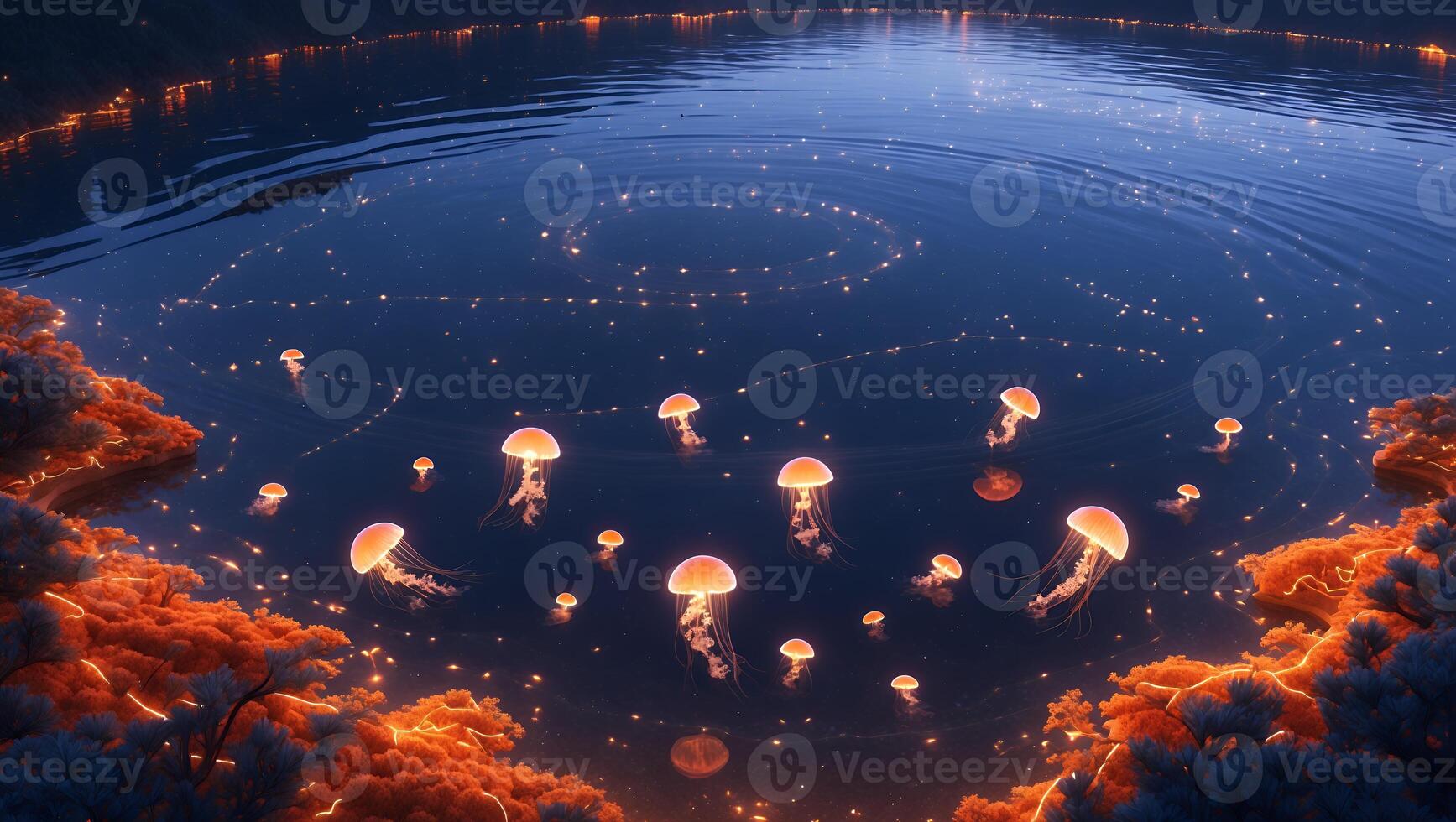 Ethereal glow of jellyfish illuminating a tranquil lake surrounded by vibrant autumn foliage at dusk photo