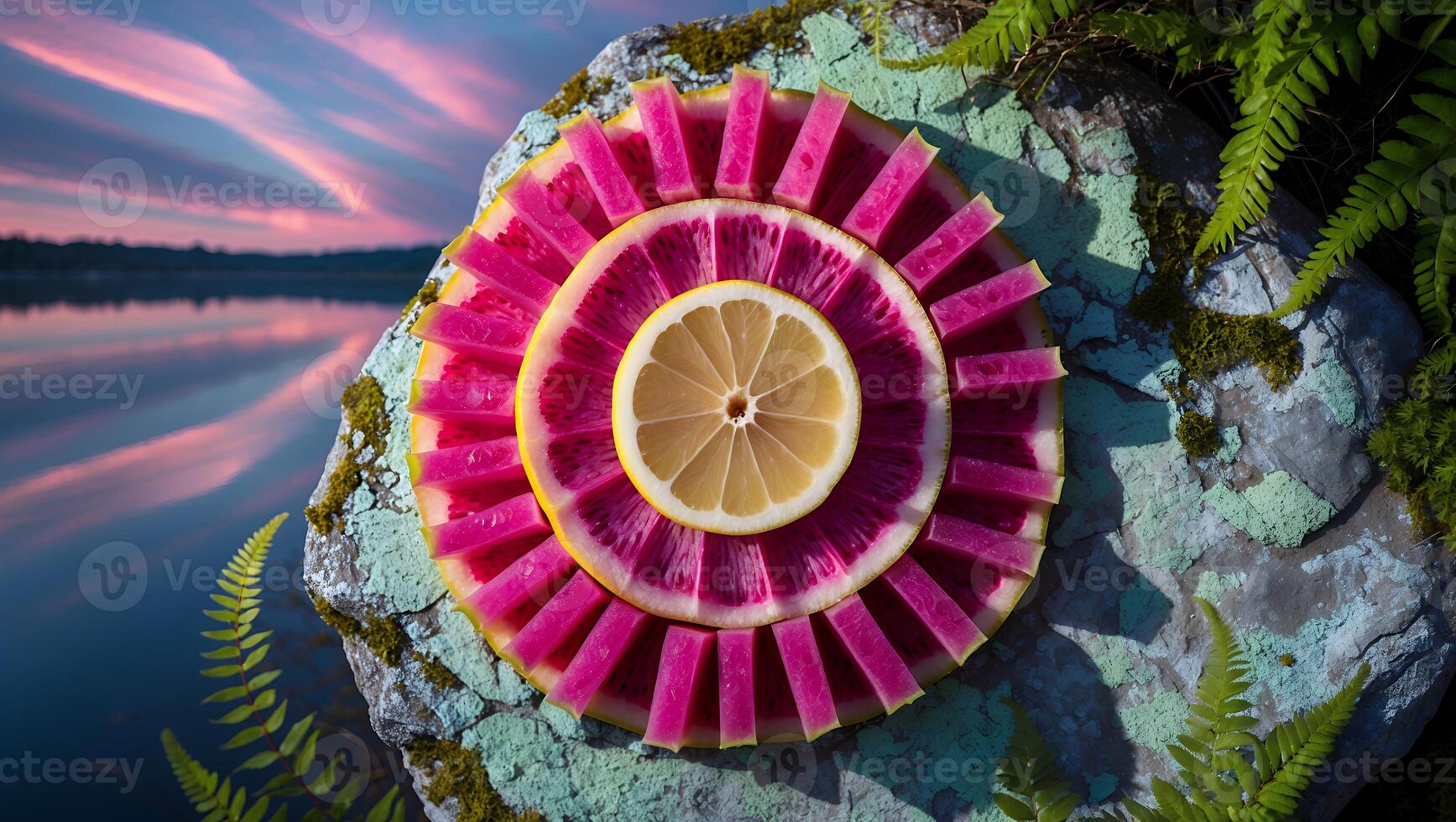 Vibrant circular arrangement of watermelon and lemon slices on a mossy rock by a serene lake at sunset photo