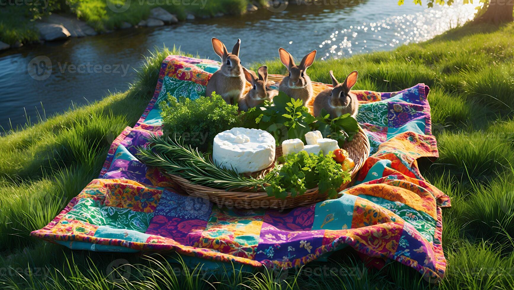 A serene picnic scene featuring rabbits gathered around a basket of fresh herbs and cheese by a riverbank photo