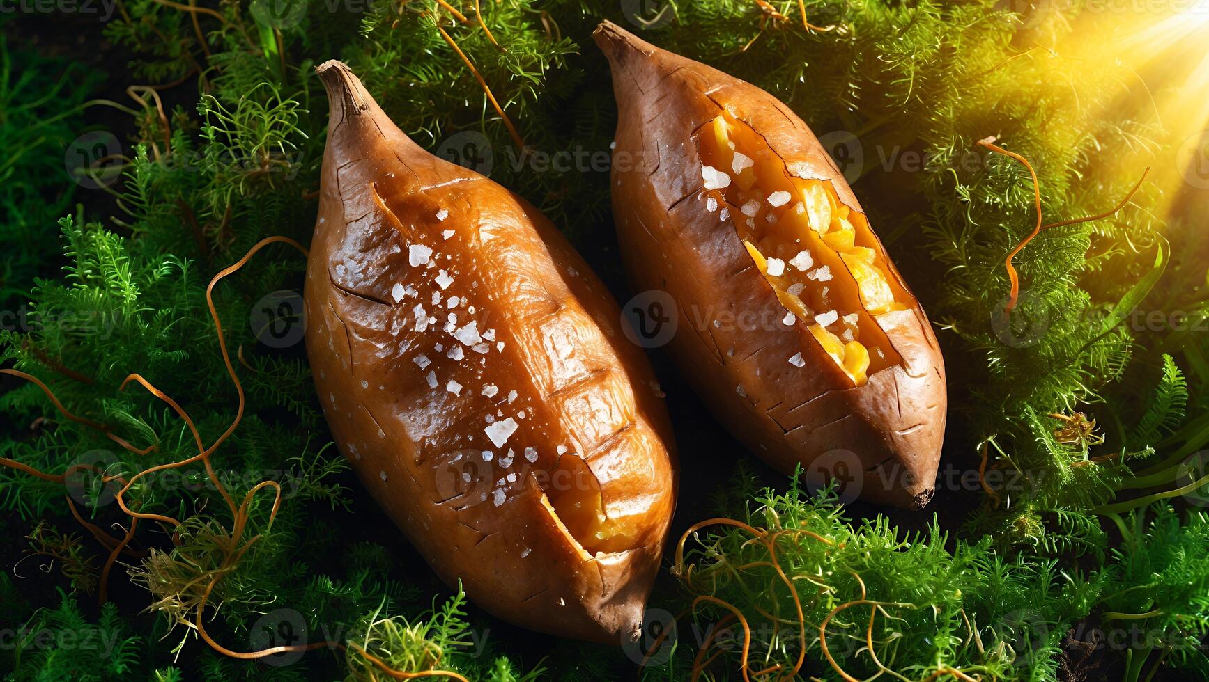 Deliciously roasted sweet potatoes sprinkled with salt, surrounded by vibrant green moss in sunlight photo