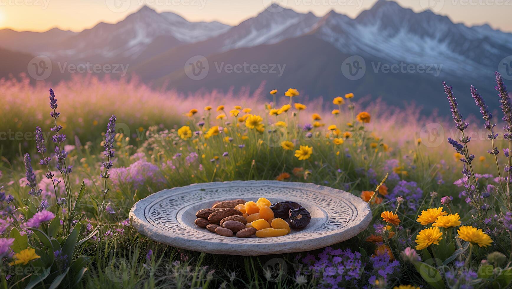 Colorful assortment of chocolates and fruits on a decorative plate amidst vibrant wildflowers and mountains photo