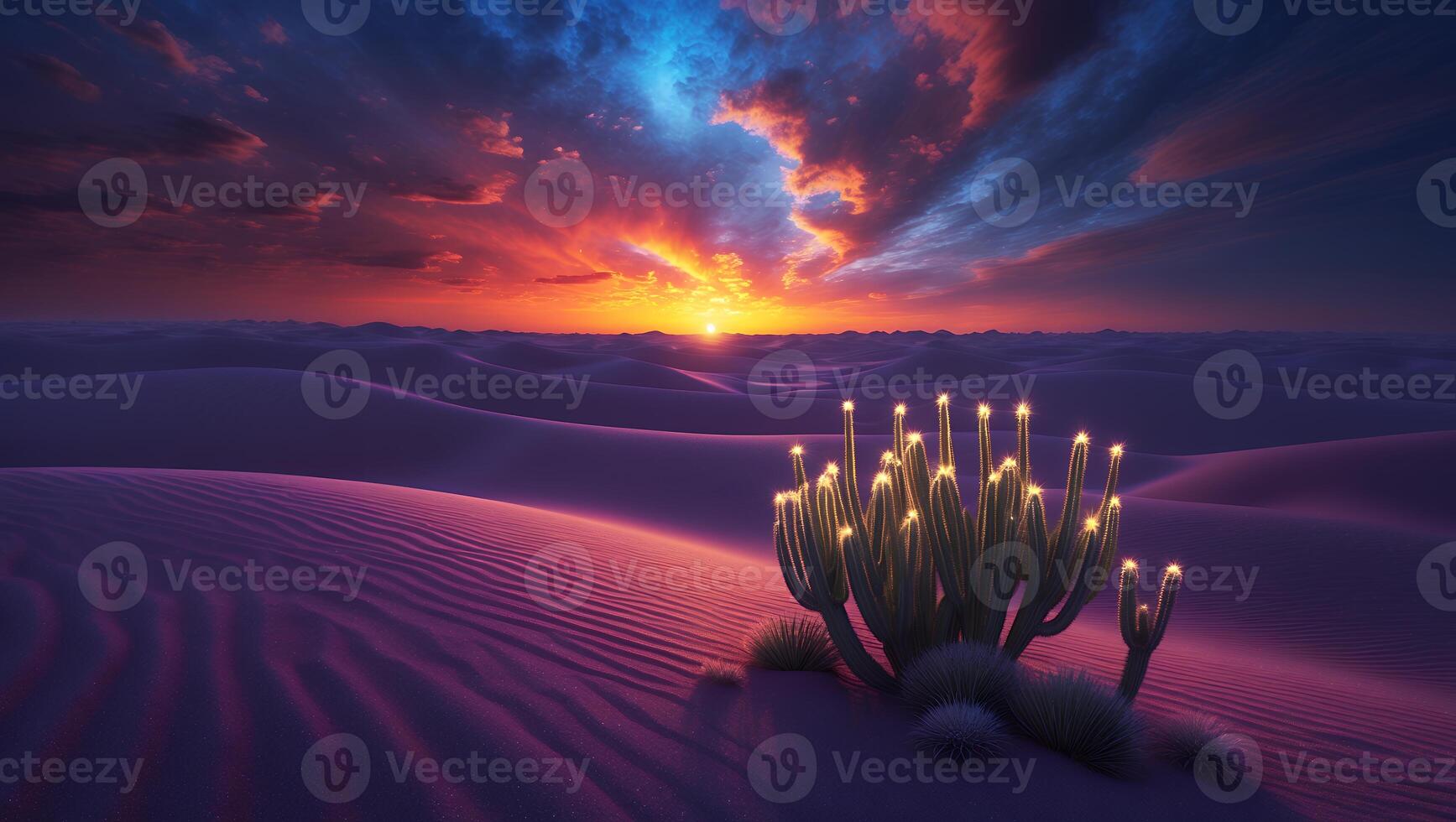 Desert sunset with vibrant clouds illuminating a cactus garden, showcasing serene natural beauty photo