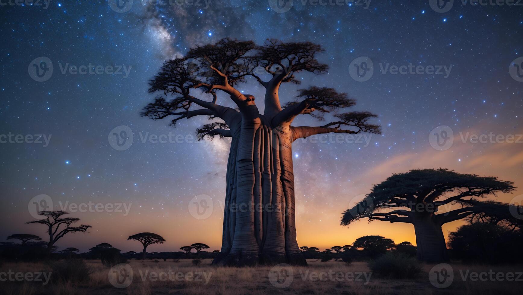 Majestic baobab trees under a starry sky at twilight, showcasing nature's beauty in a serene landscape photo