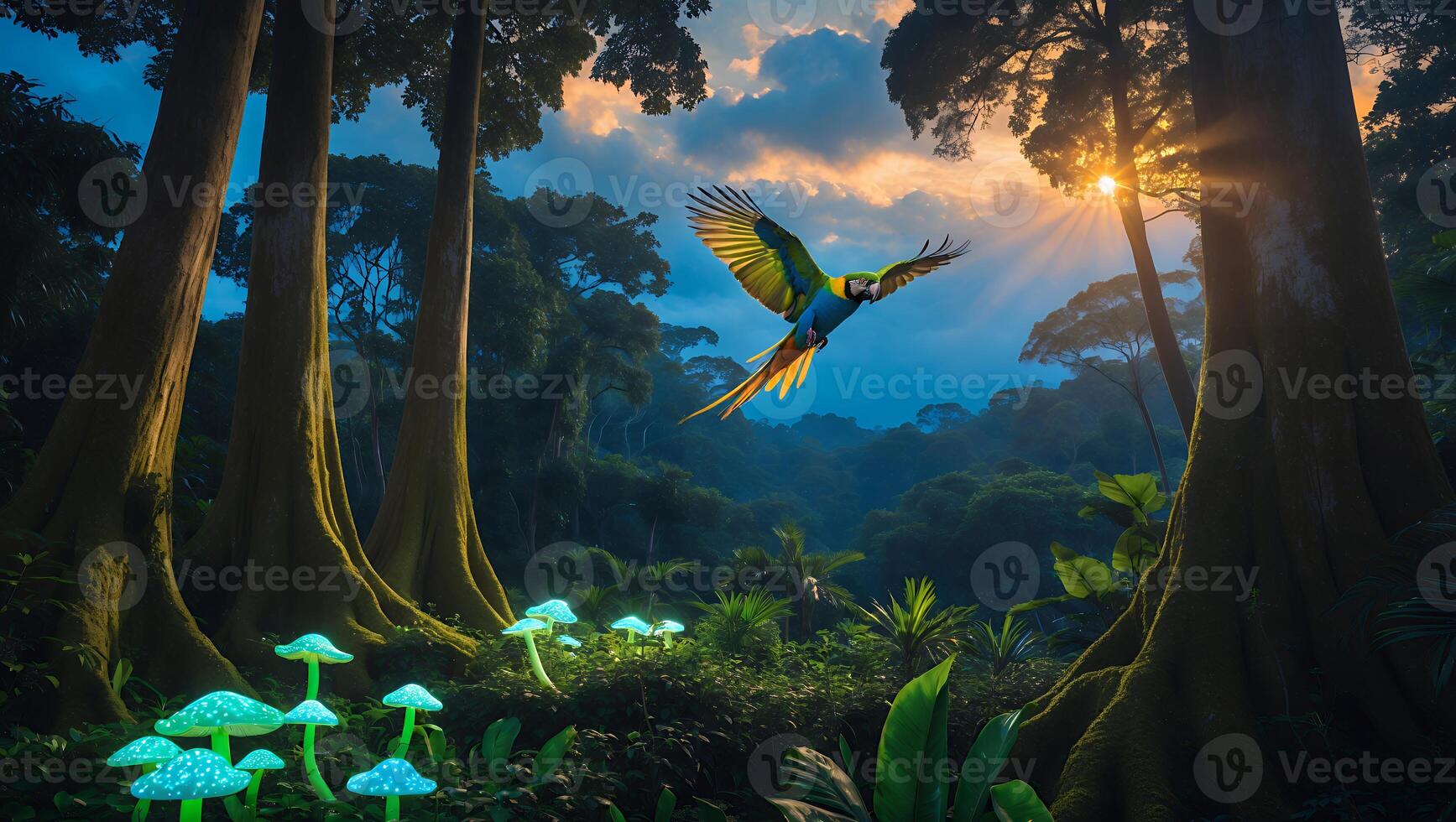 Colorful parrot flying through a vibrant rainforest at sunset, with glowing mushrooms in the foreground photo
