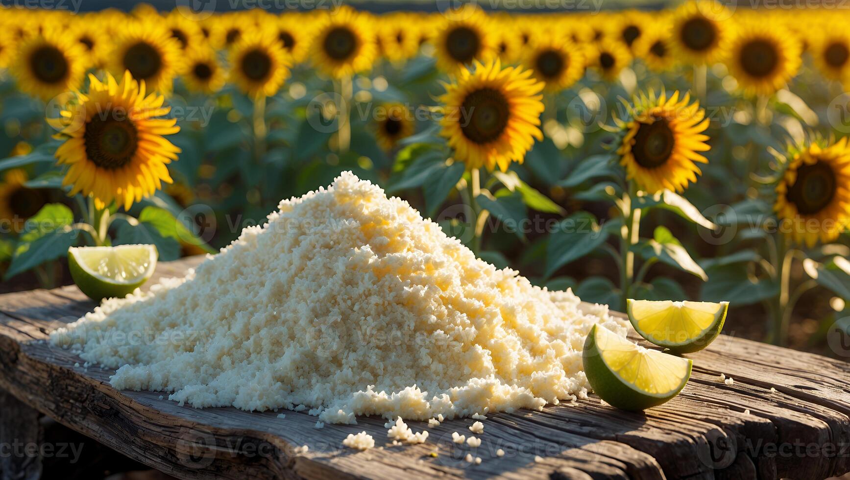 A vibrant scene showcasing a mound of coarse salt with lime slices, set against a sunflower field photo