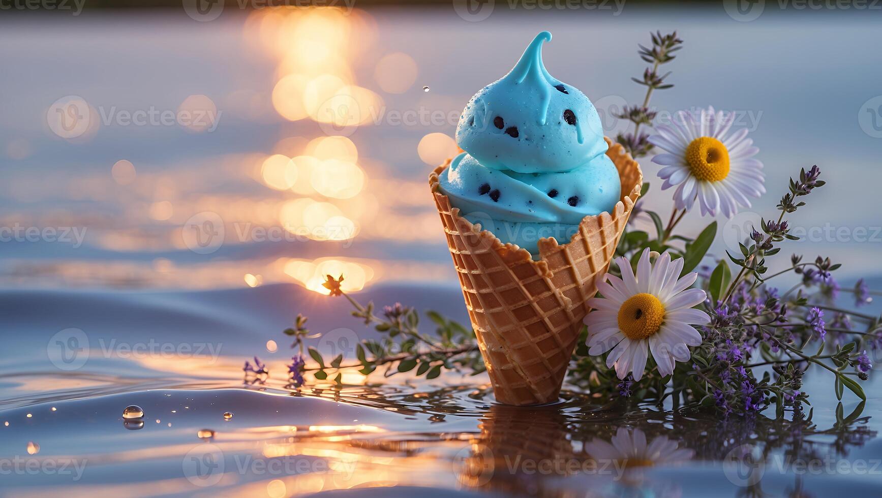 A vibrant blue ice cream cone sits atop a calm water surface, surrounded by wildflowers at sunset photo