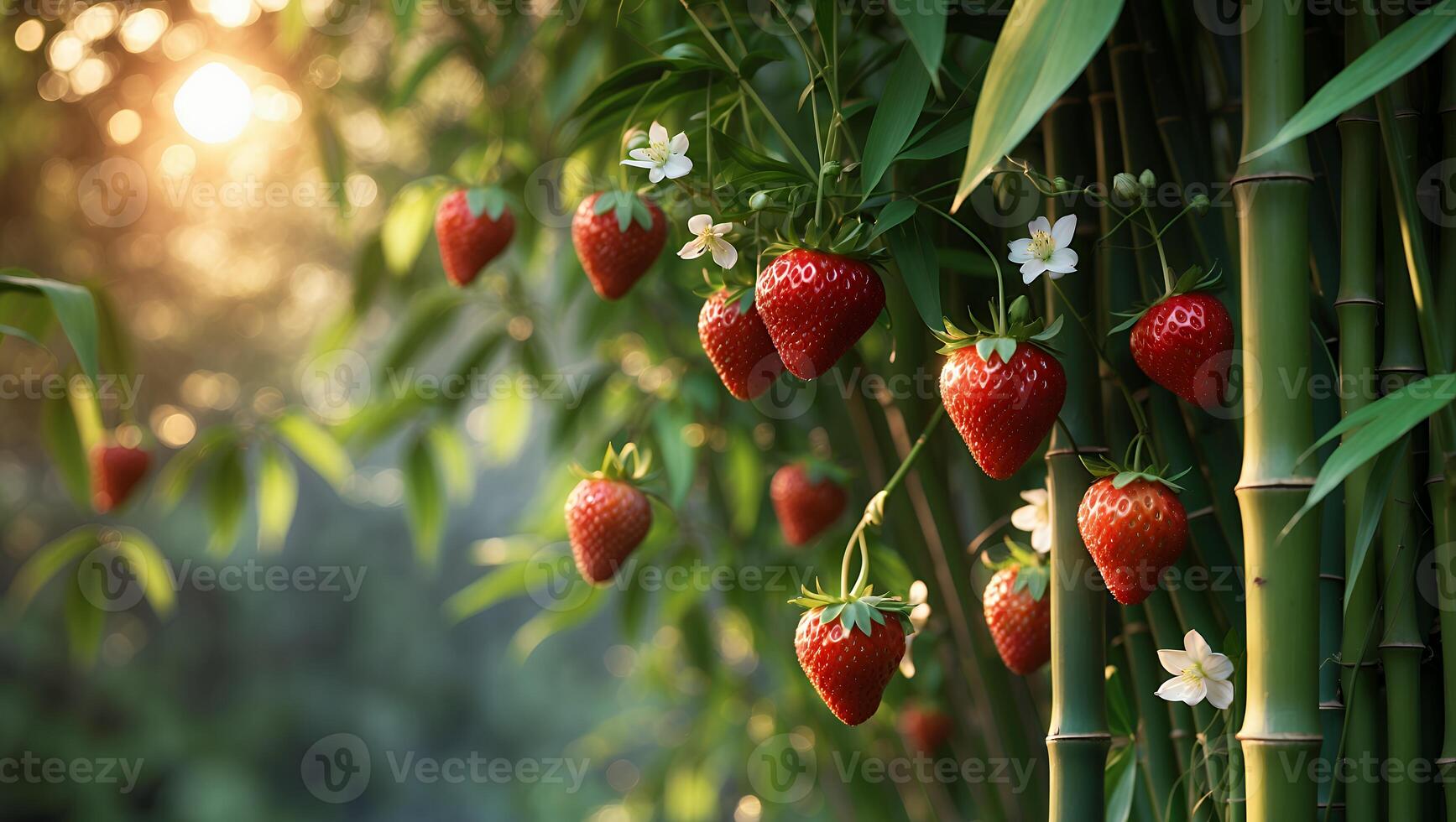 Lush strawberries hanging from bamboo stalks in a serene garden during golden hour, evoking tranquility photo