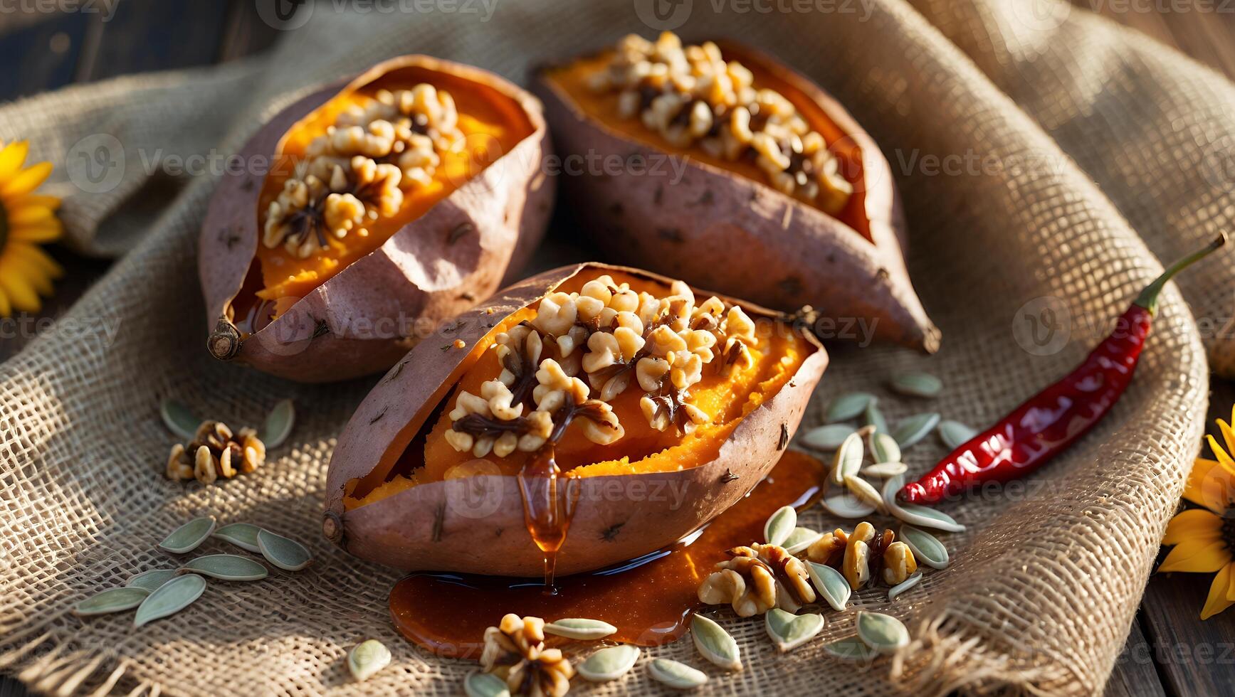 Baked sweet potatoes topped with walnuts and honey on a rustic burlap background with seeds photo