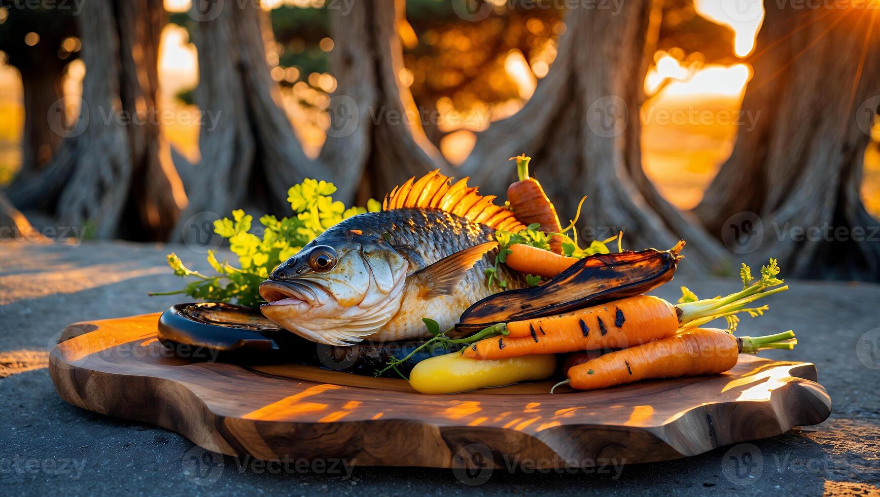 Freshly grilled fish with vibrant vegetables served on a wooden board during a sunset gathering photo