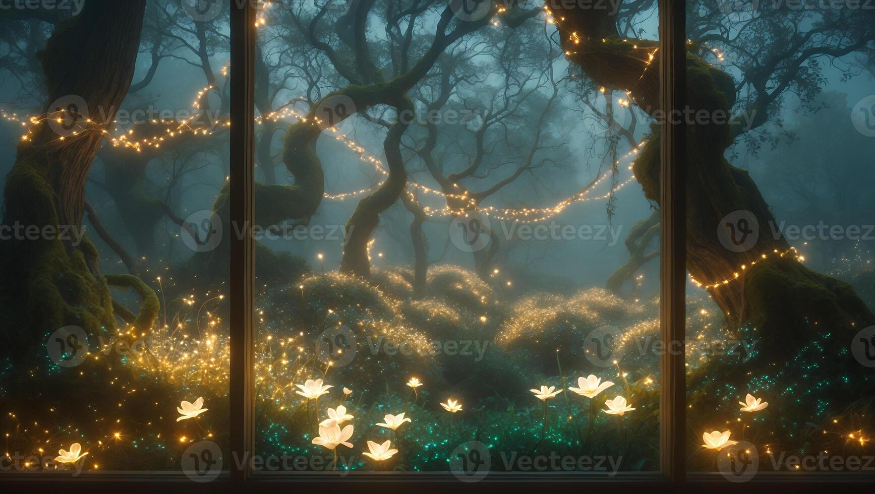 Enchanted forest scene with glowing flowers and fairy lights, creating a magical atmosphere at dusk photo