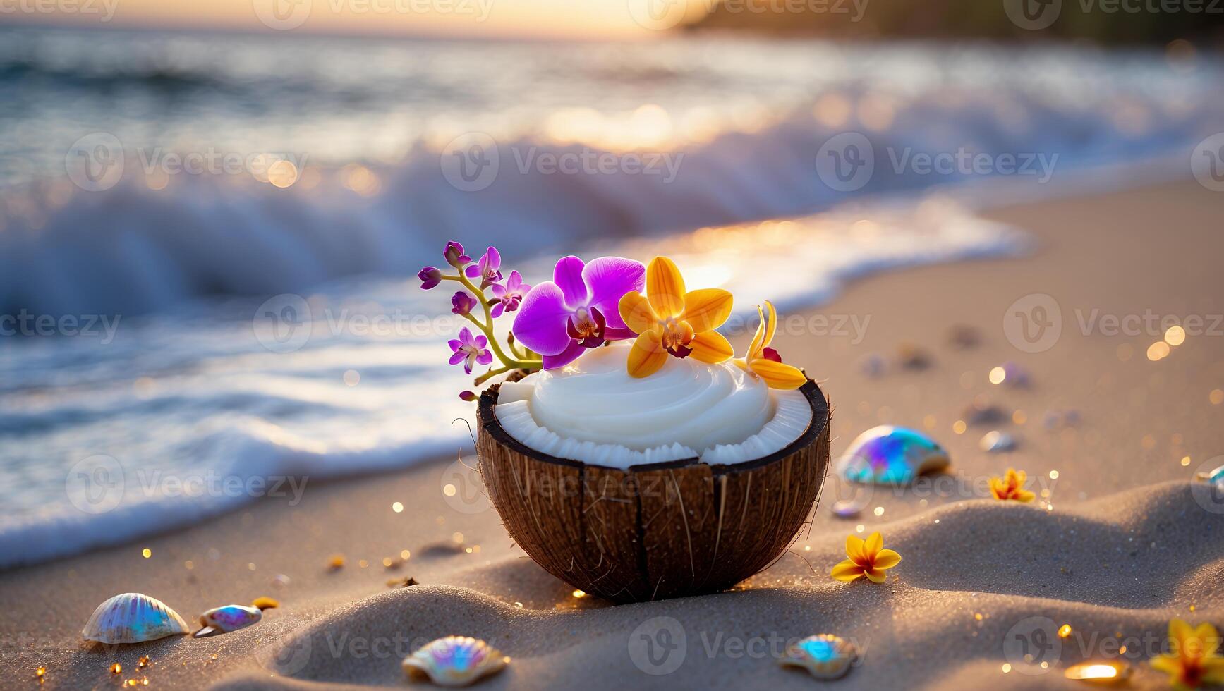 Coconut bowl filled with creamy dessert topped with colorful flowers on a sandy beach at sunset photo