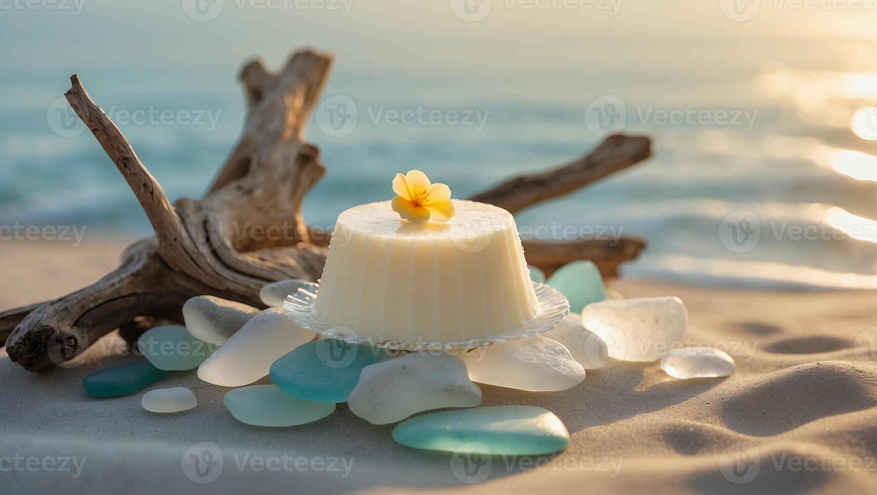 Elegant dessert placed on smooth pebbles by the beach at sunset, creating a serene atmosphere photo