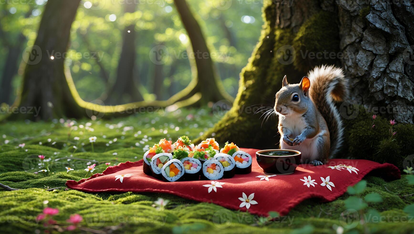 Squirrel enjoying sushi in a lush green forest, surrounded by vibrant flowers and sunlight photo