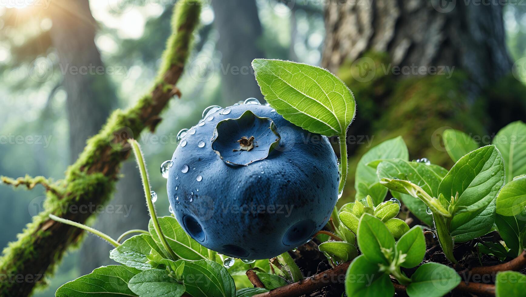 Close-up of a fresh blueberry resting on green foliage in a serene forest setting with soft sunlight photo