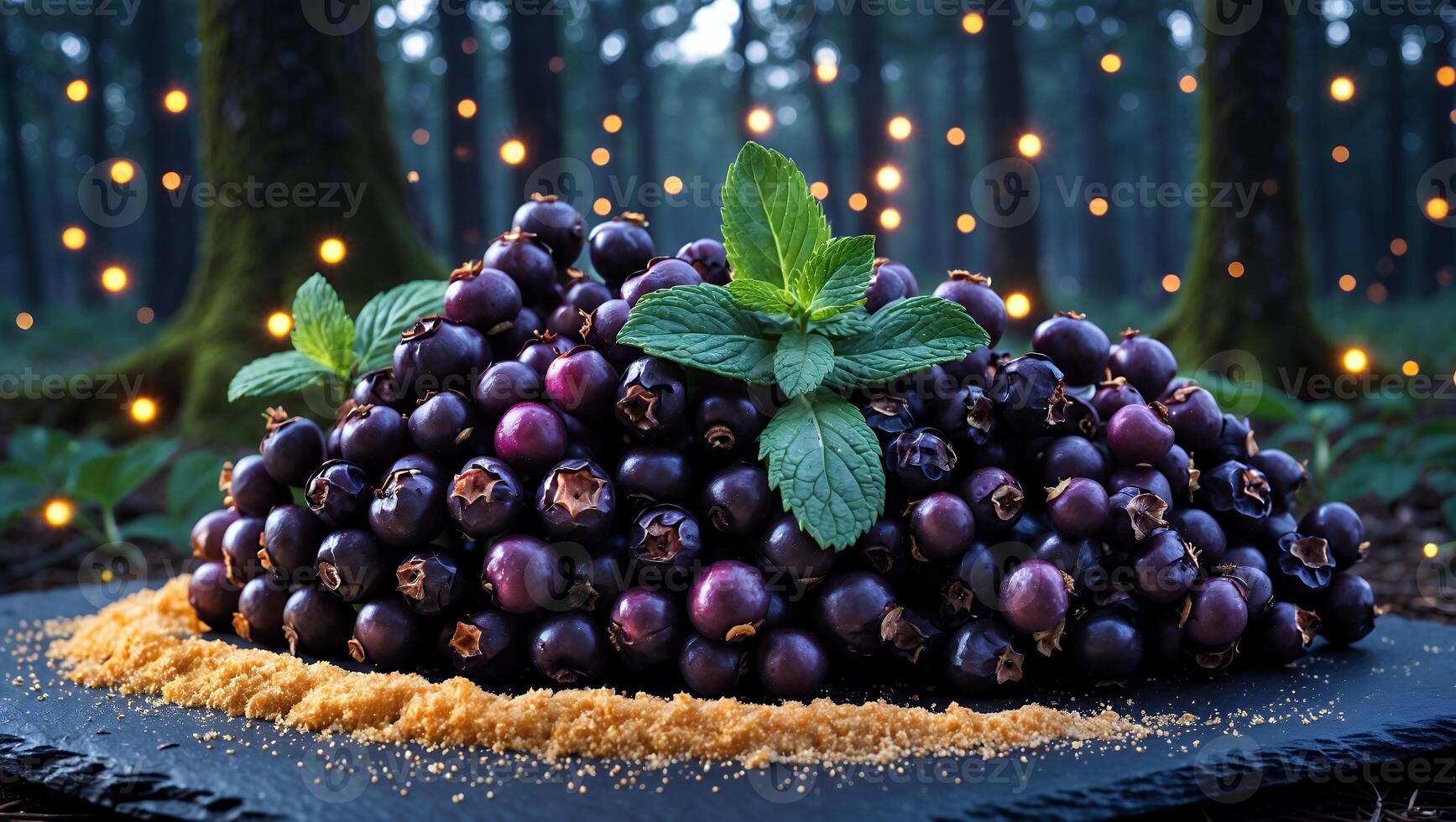 A vibrant pile of fresh berries garnished with mint leaves, set on a slate surface in a mystical forest photo