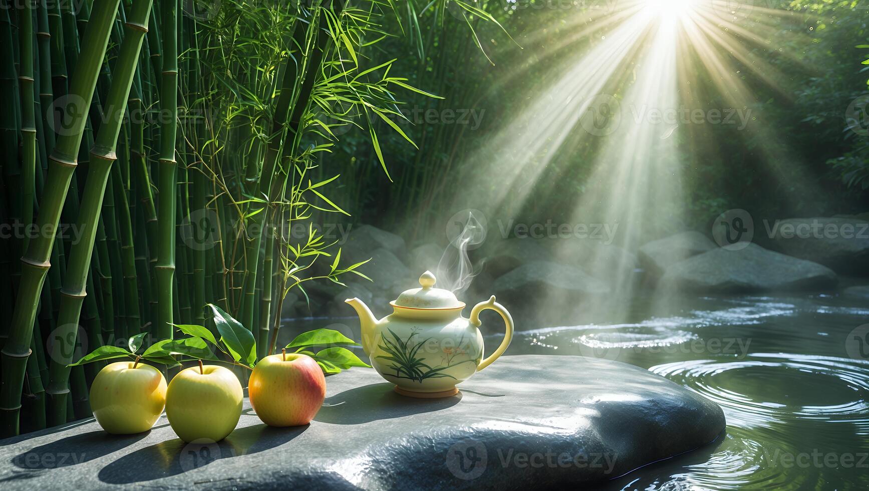 Tranquil tea setting by a serene stream, surrounded by bamboo and sunlight filtering through trees photo